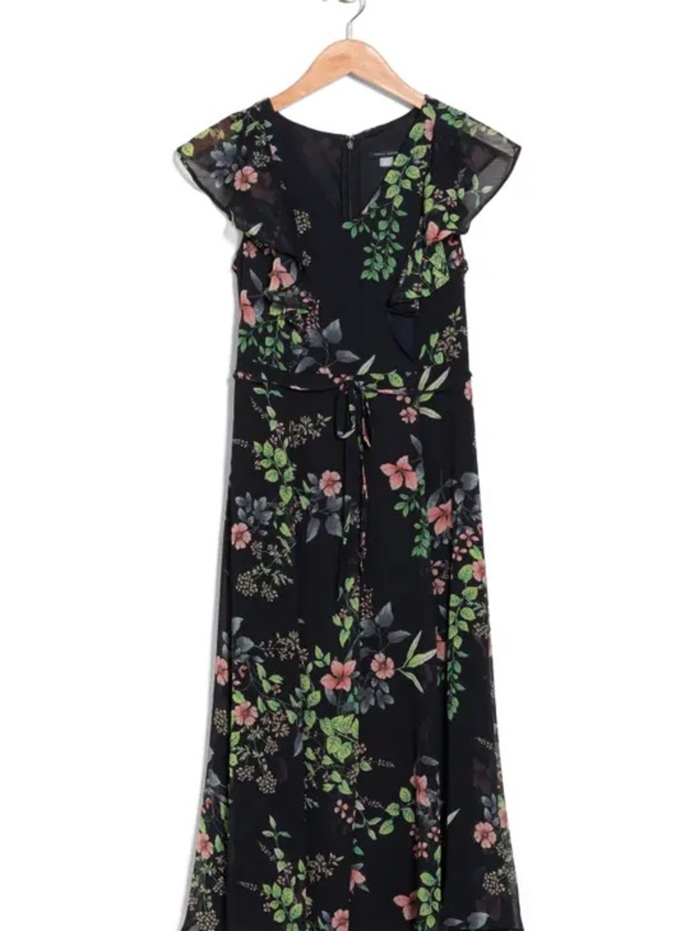Tommy Hilfiger Flutter Sleeve Floral Midi Wedding Guest Dress in Navy